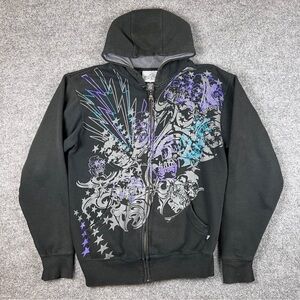 Graphic Black Hoodie with Purple and Gray Accents